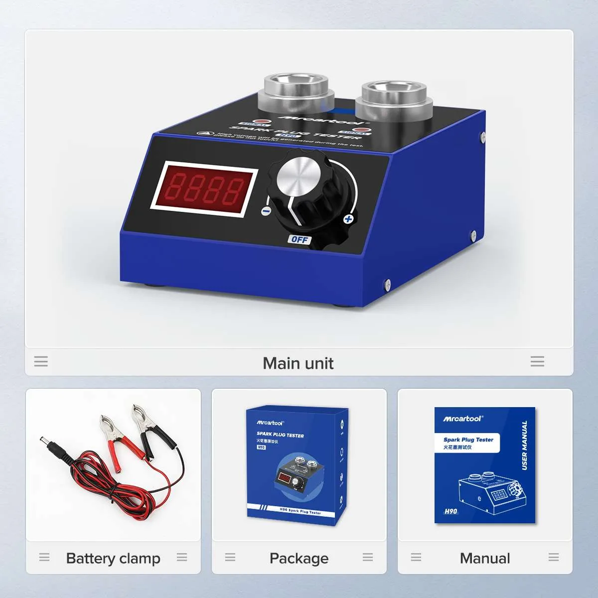 MRCARTOOL H90 main unit, battery clamp cable, retail box and user manual