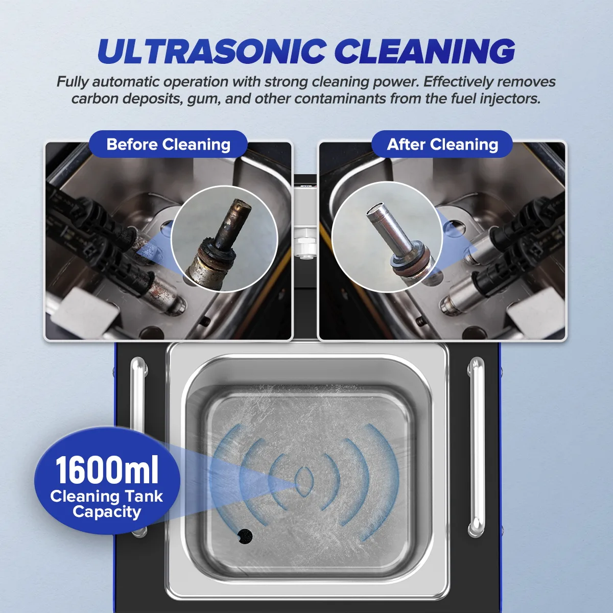 Injector before and after ultrasonic cleaning above the V209 cleaning tank