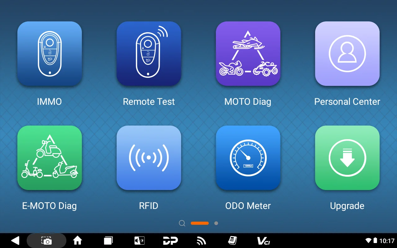 MOTOMASTER home screen with IMMO, Remote Test, MOTO Diag, E-MOTO Diag, RFID and ODO Meter apps