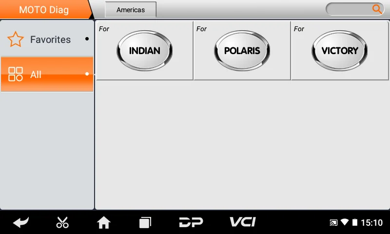 iScan Polaris Group MOTO Diag brand menu with Indian, Polaris and Victory