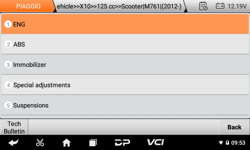 iScan Piaggio system list for a Piaggio X10 125 cc scooter, including immobilizer