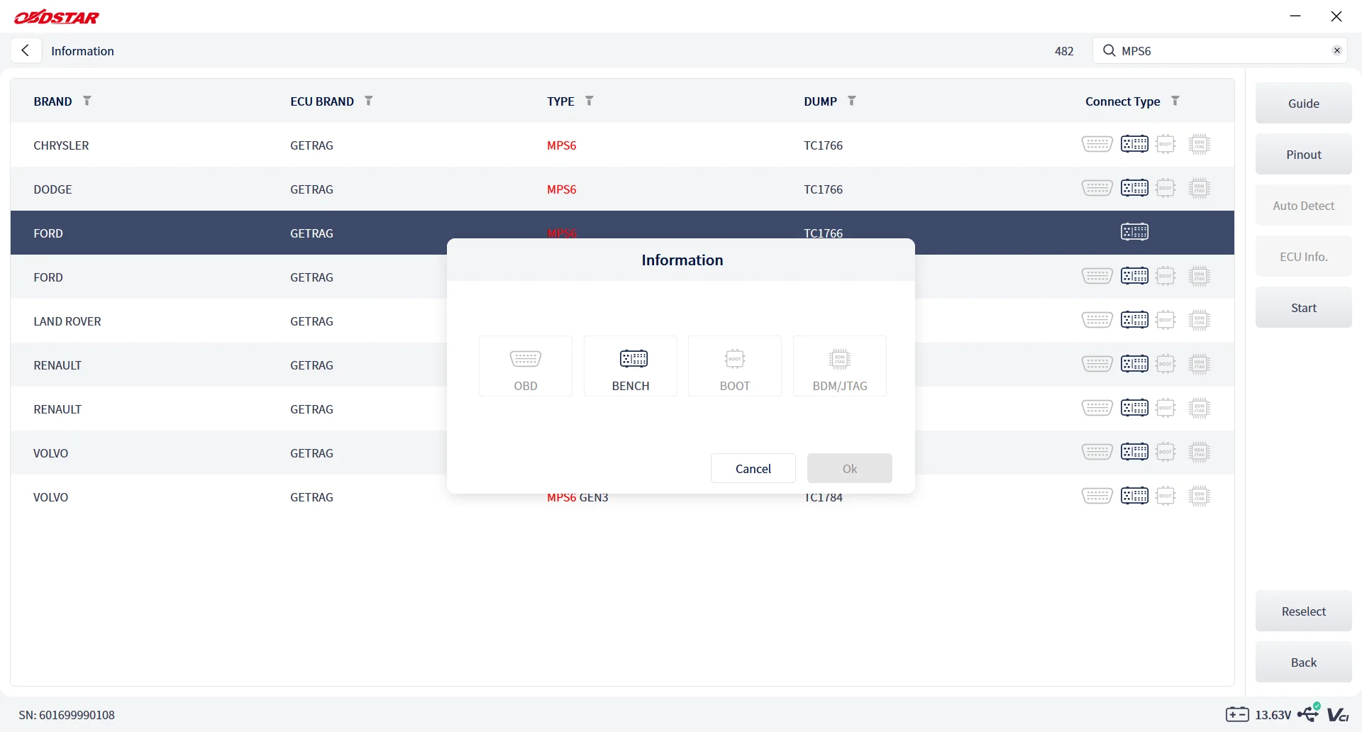 ECU MASTER connection mode dialog with OBD, bench, boot and BDM/JTAG options
