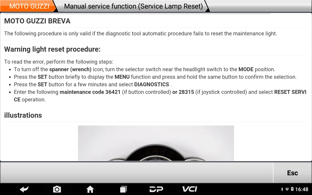 iScan Piaggio Group manual service lamp reset procedure for a Moto Guzzi Breva