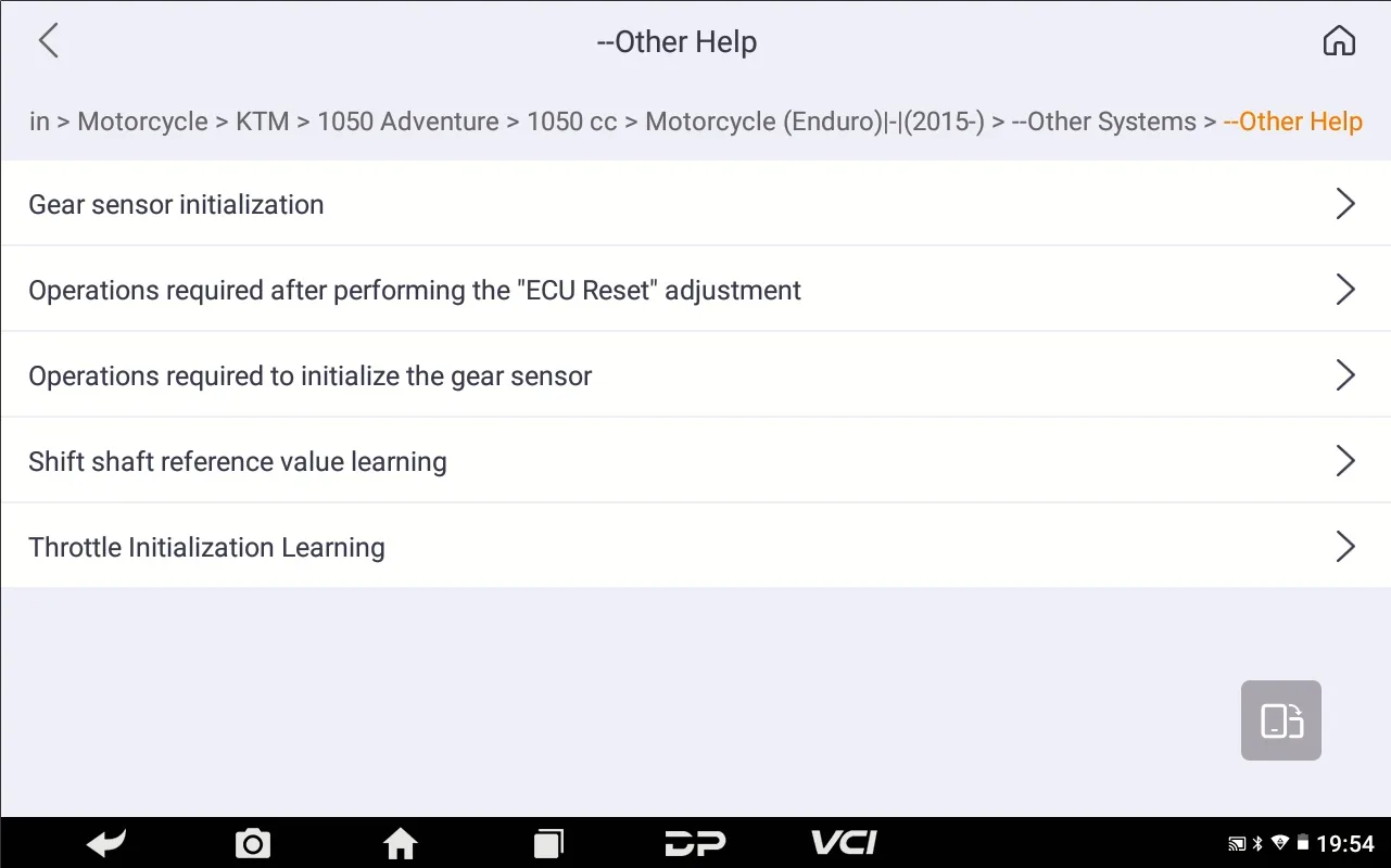 MOTOMASTER help menu listing gear sensor initialization and throttle initialization procedures for a KTM