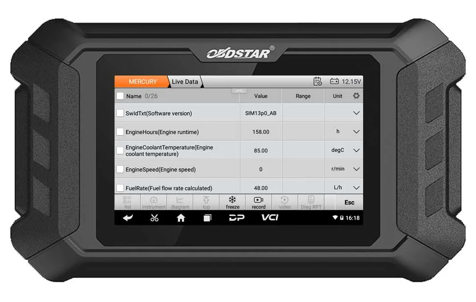 iScan Mercury live data list with engine hours, coolant temperature, engine speed and fuel rate