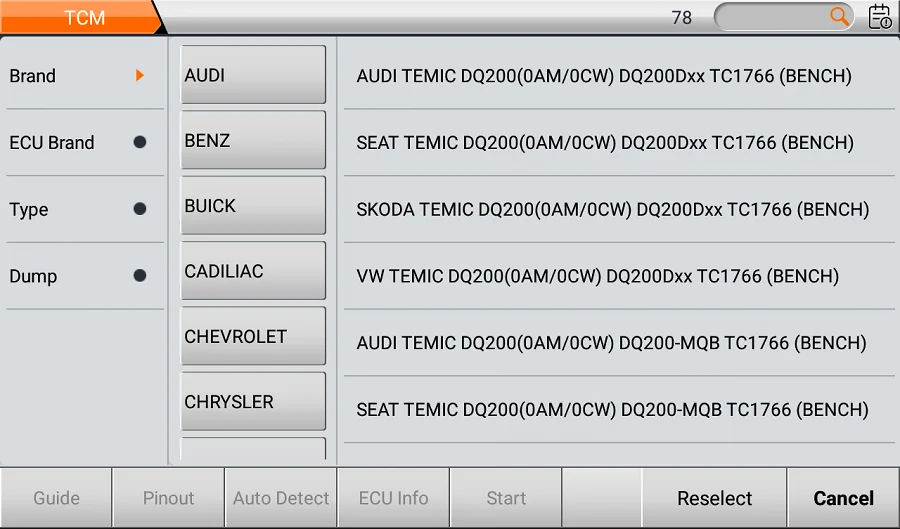 DC706 TCM list showing Temic DQ200 transmission controllers by brand