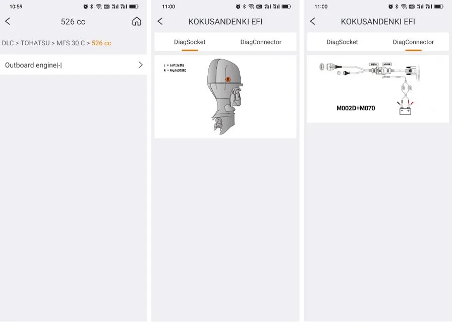 OBDSTAR app screens showing Tohatsu MFS 30 C diagnostic socket location and the M002D plus M070 connector setup