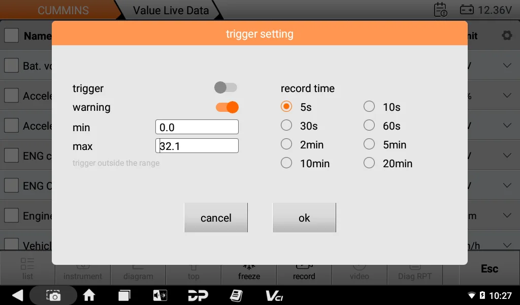 iScan PRO Cummins live data trigger setting with record time options
