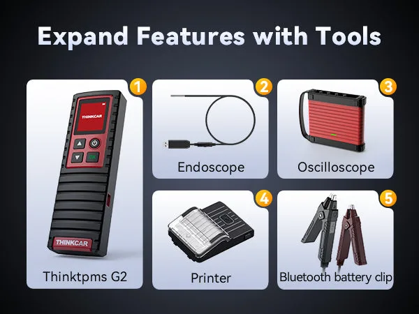 Accessories that work with THINKSCAN 689: THINKTPMS G2, endoscope, oscilloscope, printer and Bluetooth battery clip