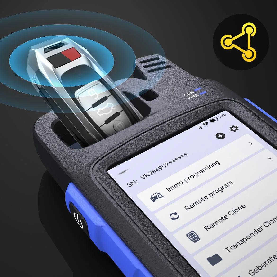 MUCAR KEY581 with a smart key in the top coil slot and the Immo programming, Remote program, Remote Clone and Transponder Clone menu on screen
