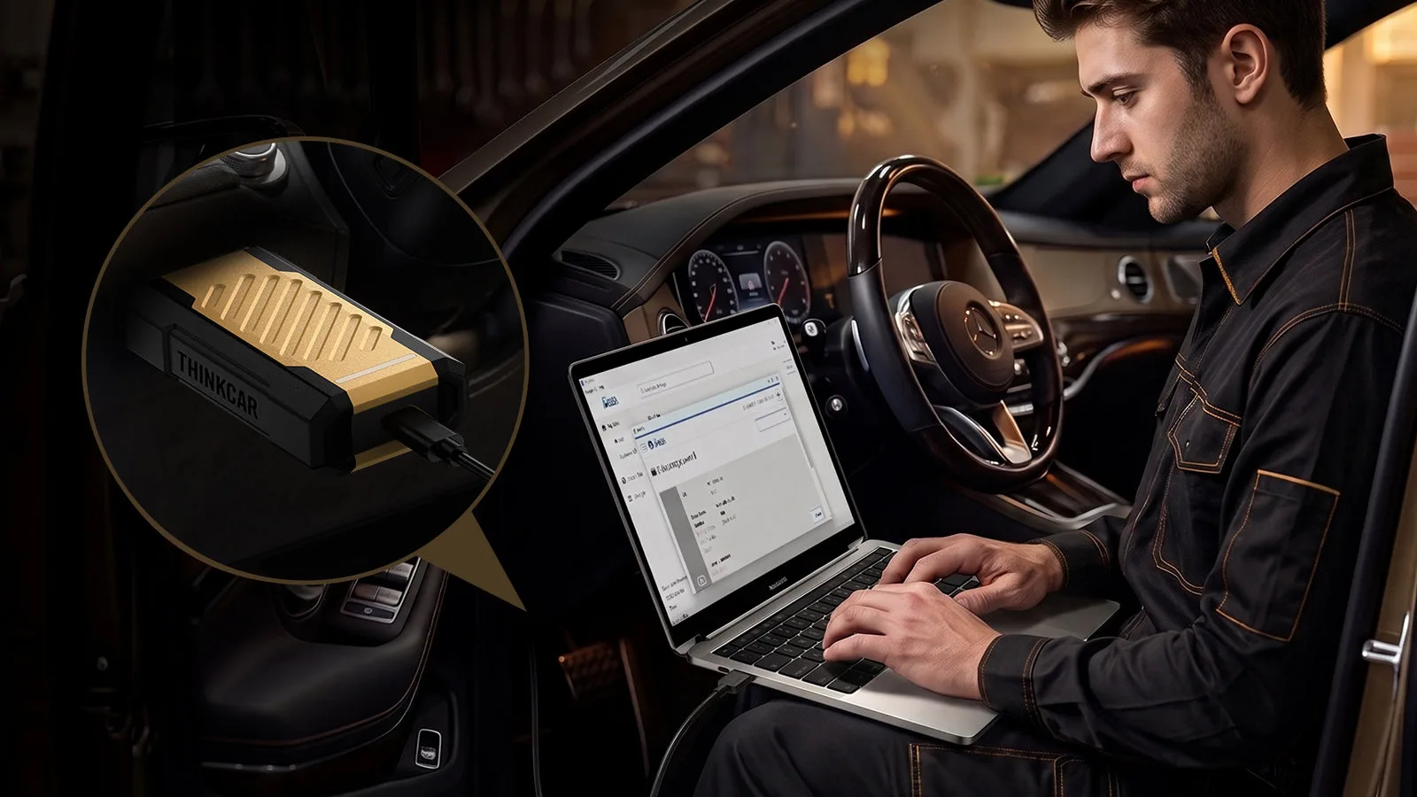 THINKCAR VCI connected to a laptop running OEM software