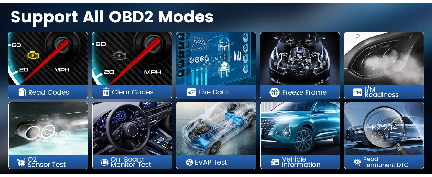 MUCAR CS6 OBD2 modes including read and clear codes, live data, freeze frame, I/M readiness, O2 sensor and EVAP tests