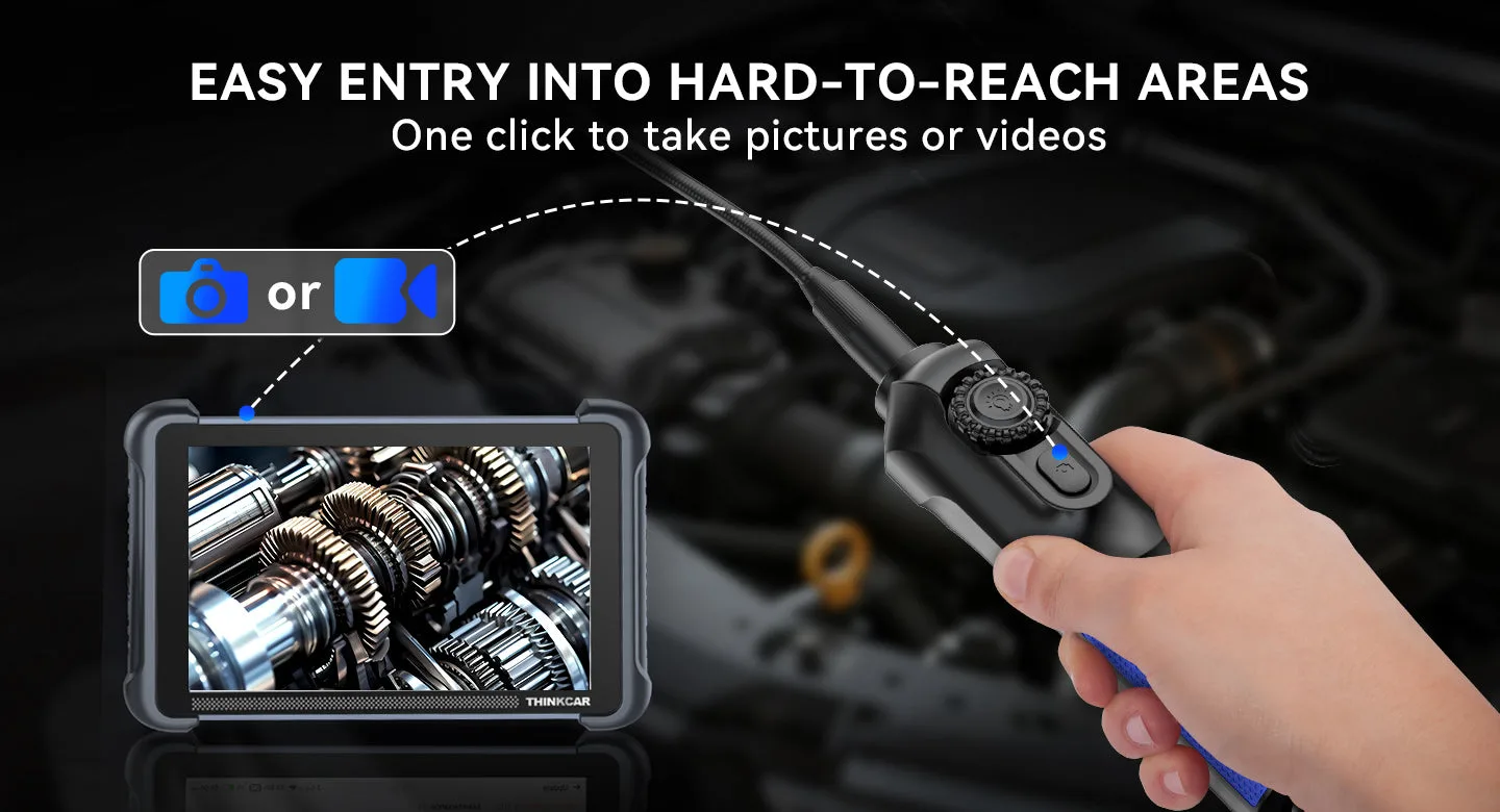 Hand holding the E021 handle while a THINKCAR tablet shows the live camera image