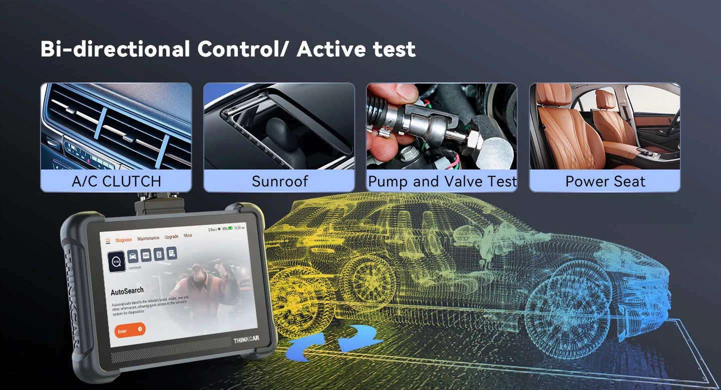 THINKSCAN 672 bi-directional tests for A/C clutch, sunroof, pumps and valves, and power seats