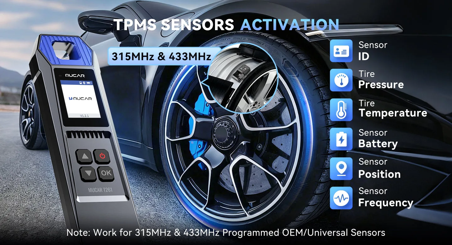 MUCAR T261 next to a wheel, listing sensor ID, tire pressure, tire temperature, sensor battery, position and frequency read during 315MHz and 433MHz activation