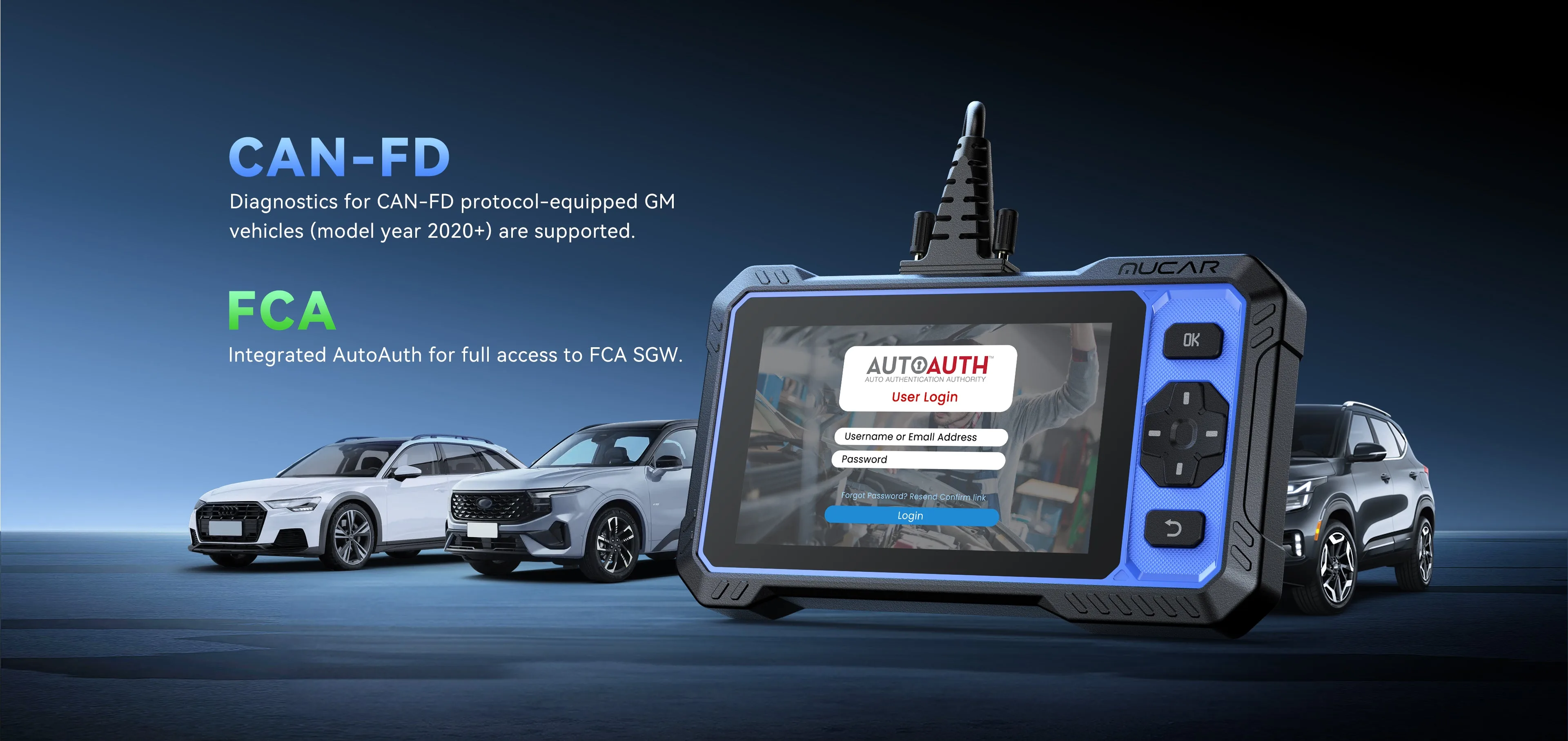 MUCAR 682 AutoAuth login screen with CAN-FD and FCA vehicles