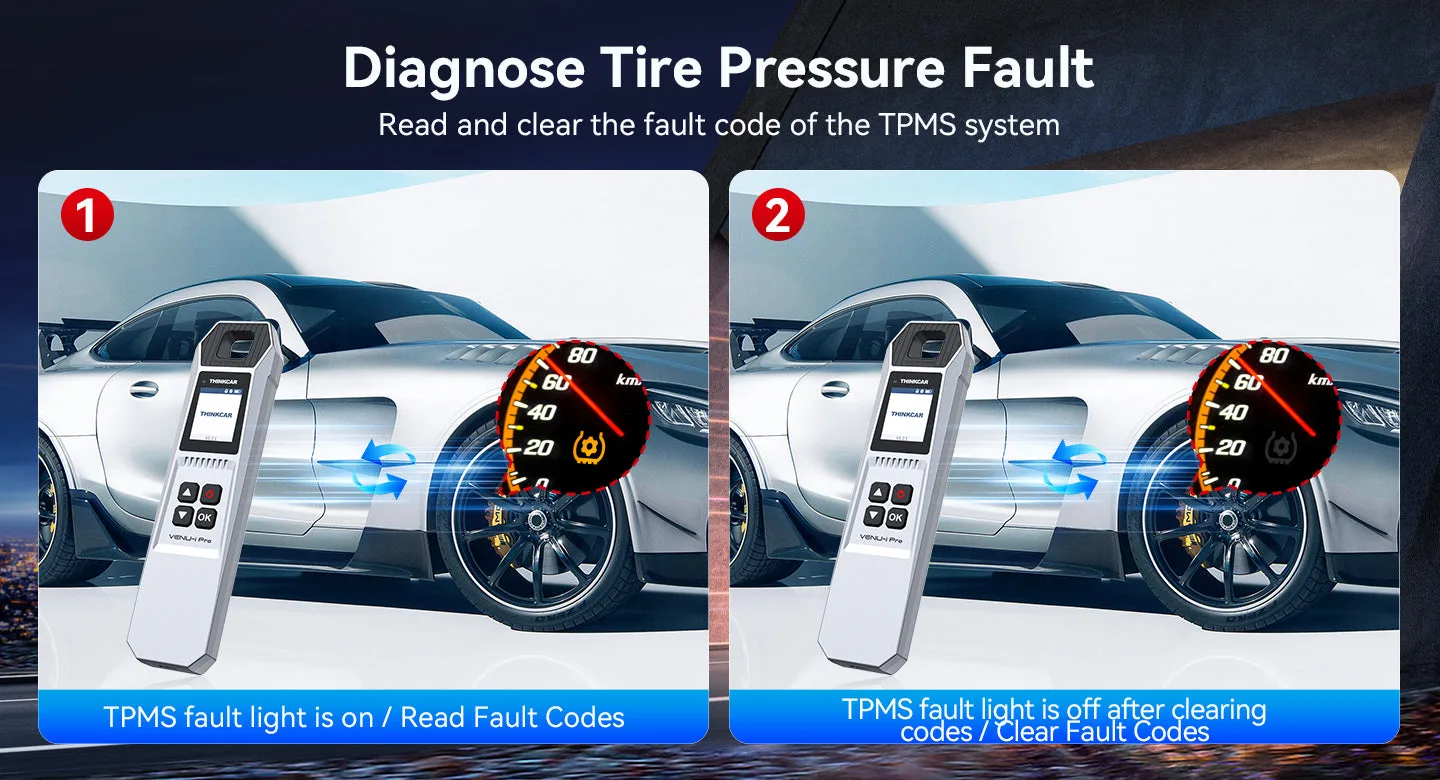 THINKTPMS VENU iPro reading TPMS fault codes with the warning light on, then clearing them so the light turns off