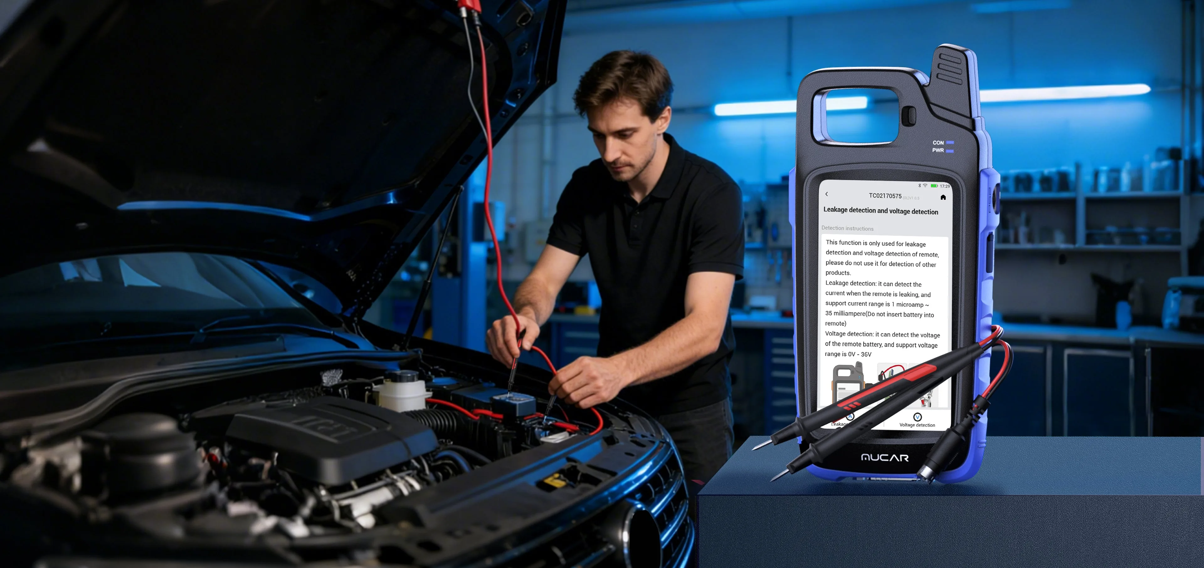 MUCAR KEY581 showing the leakage and voltage detection screen with test leads attached
